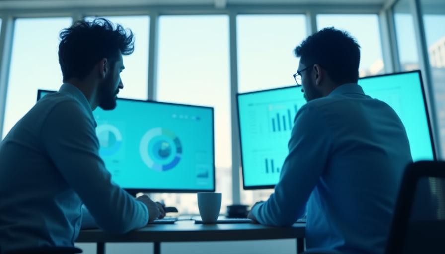 Successful small business owners reviewing analytics dashboards on modern screens